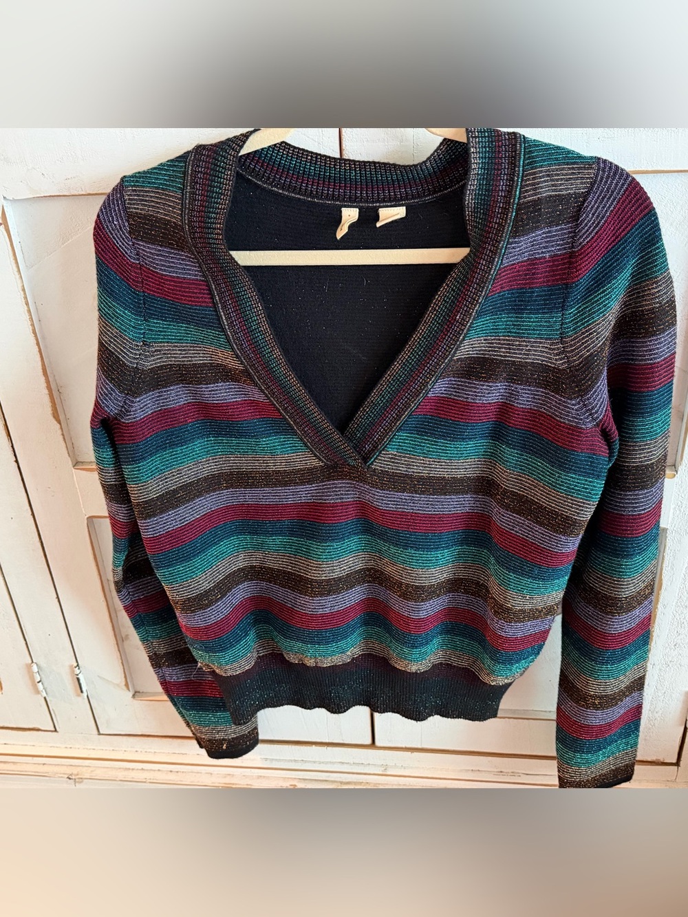 Moth Striped V-Neck Sweater in Teal, Burgundy & black